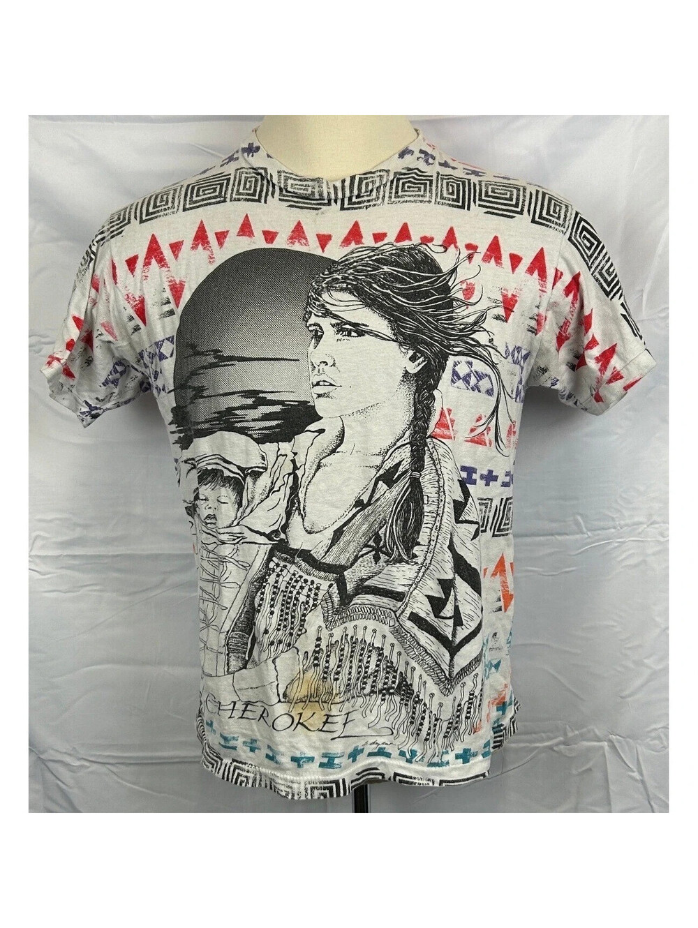 Vintage Men's Sz L Cherokee Native American Woman & Child Graphic Print T-Shirt